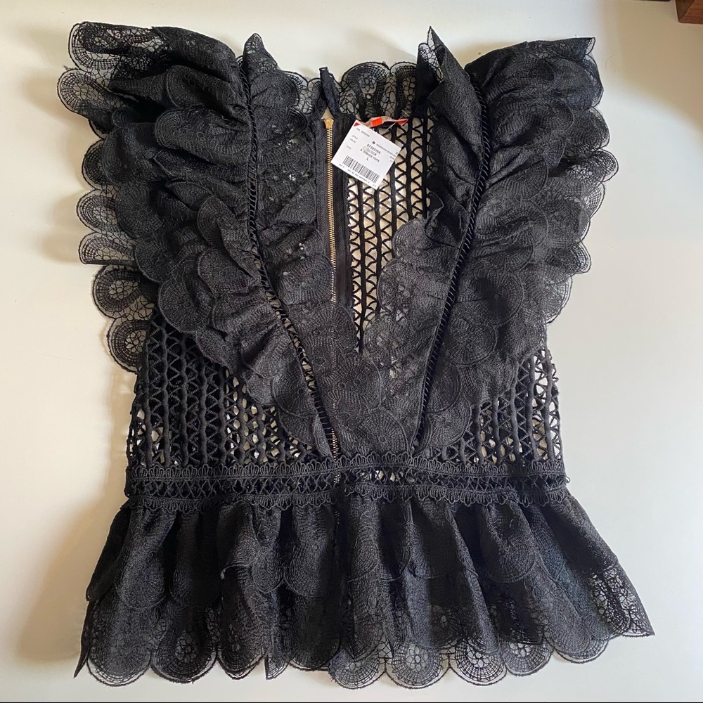 Mele E Pere Black Lace & Crochet V Neck Dramatic Top